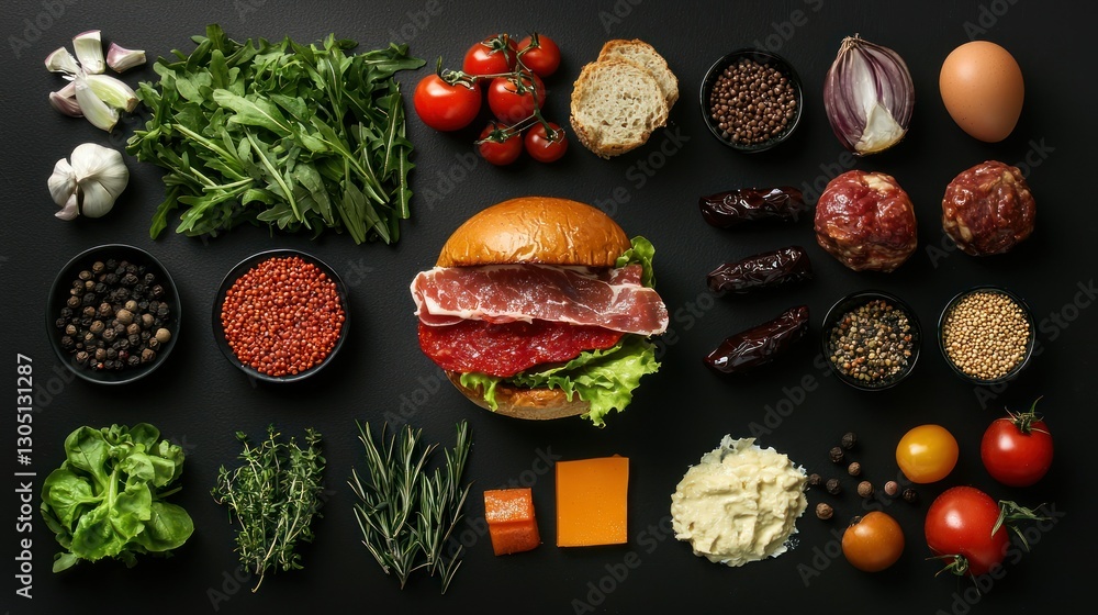 Poster a top-down view of an open burger with all its ingredients neatly laid out next to it.