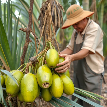Harvesting oil palm fruitlets.