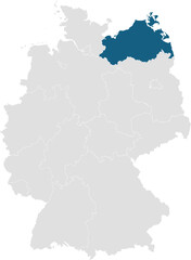 gray map of germany with 16 separated federal states,  Mecklenburg-Western Pomerania highlighted blue 