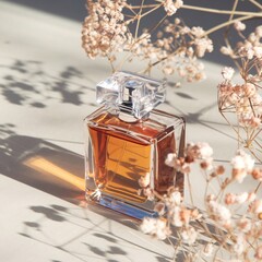 A photo of a rectangular clear glass perfume bottle filled with amber-colored liquid