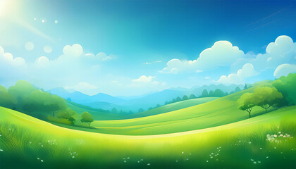 Obraz premium natural background with green hills and blue sky spring background with bokeh effect blank design template with space for text illustration