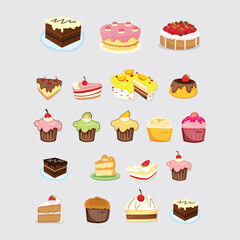 Collection of Assorted Cakes, Cupcakes, and Pastry Illustrations in Various Styles