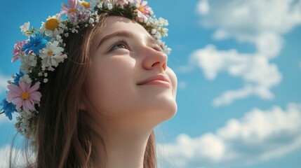 young woman with a wreath of flowers, looking at the sky generative ai