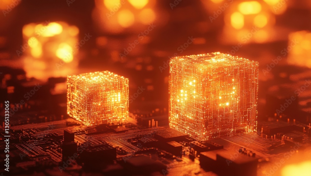 Aufkleber abstract representation of glowing data cubes on a circuit board, illustrating concepts of technolog