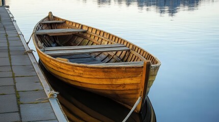 Obraz premium Rustic Wooden Boat Floating Calmly on Serene Water Reflected by Soft Morning Light