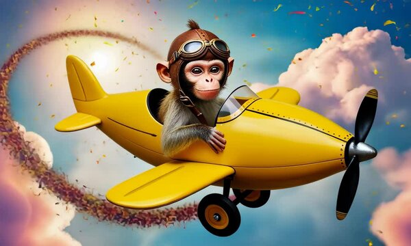 Little monkey wearing aviator goggles flying in a propeller airplane. Funny ape flying on plane for greeting card, birthday invitation. Travel and vacation concept