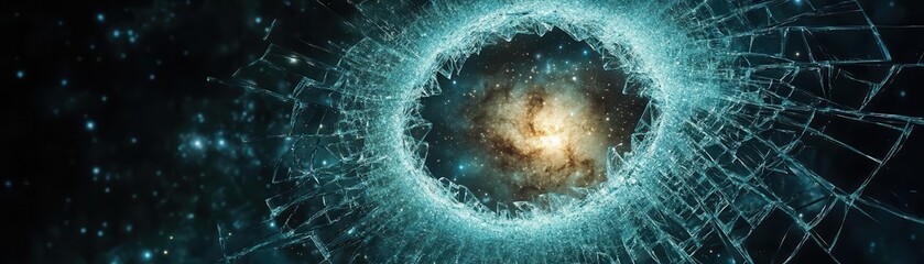 A shattered glass ceiling revealing a glowing universe, symbolizing breaking limits through vision