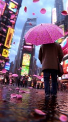 Obraz premium Person with pink umbrella in city square, pink petals falling in rain, wet ground, city lights, nighttime ambiance, urban setting, pixel art style.