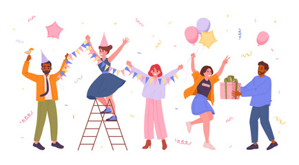 Obraz premium Birthday party celebration. People dancing and having fun together, friends celebration party flat vector illustration. Celebrating characters on white