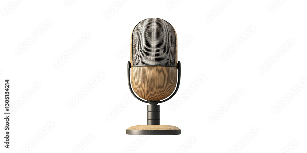 Poster retro wooden frame microphone with mesh grill isolated on transparent background