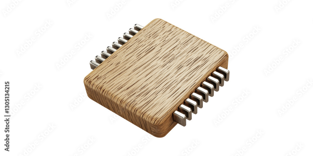 Poster wooden-textured microchip with metallic pins isolated on transparent background