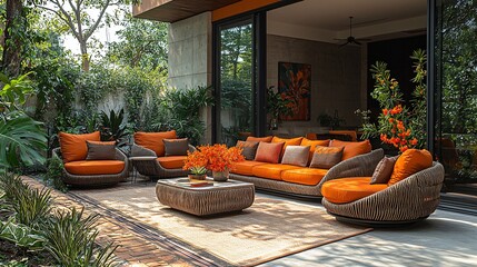 Modern Outdoor Living Space with Orange Cushions and Lush Greenery in Stylish Garden Setting
