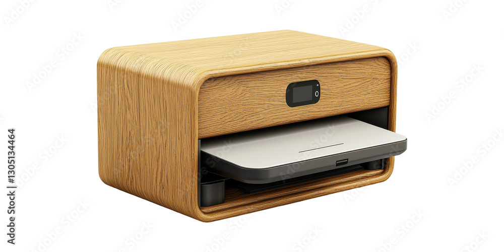 Poster Compact wooden enclosed printer with lcd display isolated on transparent background