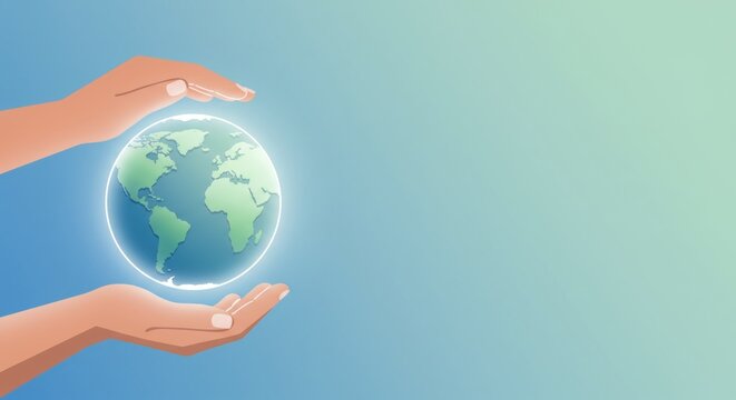 Human hands embracing a glowing earth globe on light blue background. Earth Day, World Environment Day. Renewable and sustainable resources. Environmental care and protection. Banner, copy space.