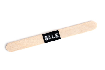 Sale, label on wooden stick isolated on white background.