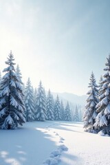Naklejka premium Serene Winter Wonderland Snow-Covered Coniferous Forest Path with Footprints in the Pristine Snow