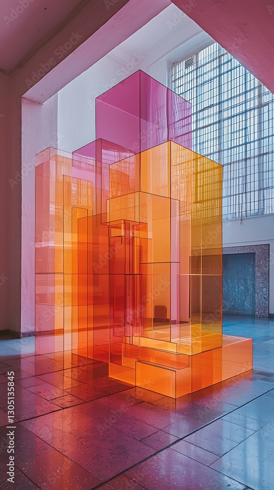 Poster vibrant translucent cubic sculpture illuminated in a gallery space with a minimalist backdrop