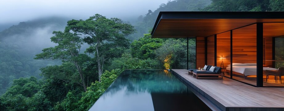 Luxury glamping outdoor retreat, outdoor retreat with luxury glamping, glamping retreat in luxury outdoor setting. Modern villa overlooking lush green landscape.