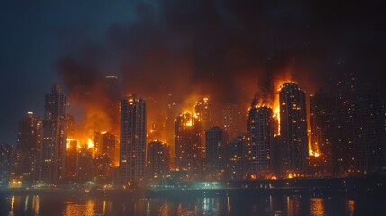 Obraz premium A dramatic scene of a nighttime city skyline burning, with flames consuming skyscrapers.