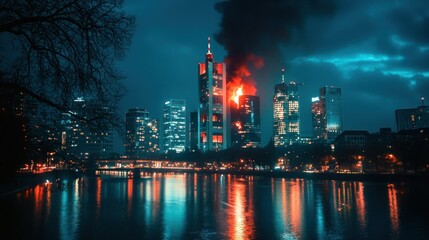Fototapeta premium A dramatic scene of a nighttime city skyline burning, with flames consuming skyscrapers.