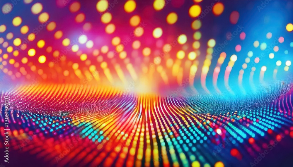 Poster vibrant abstract digital wave with glowing dots in neon colors, futuristic technology background for