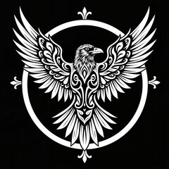 Ornate black and white eagle design with wings spread