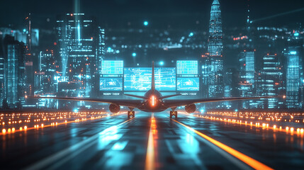 Fototapeta premium A commercial airplane is on a runway ready for takeoff. The runway is lit up with orange lights and a city skyline is the backdrop, with screens in background.