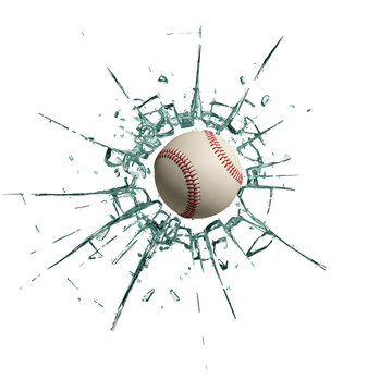 A baseball breaking through shattered glass against a transparent background.