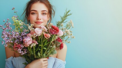 Beautiful young woman with bouquet of flowers generative ai