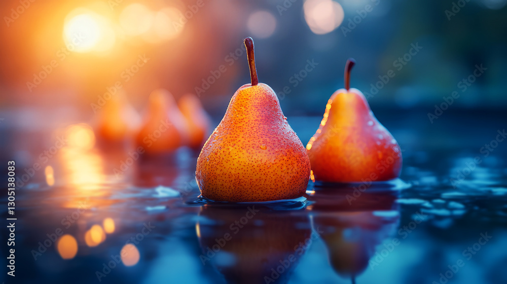Poster fresh pears floating in water with beautiful sunset reflections and soft bokeh background