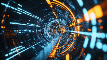 Fototapeta premium Futuristic tunnel with vibrant blue and orange lights. The tunnel creates a sense of depth and technological advancement.