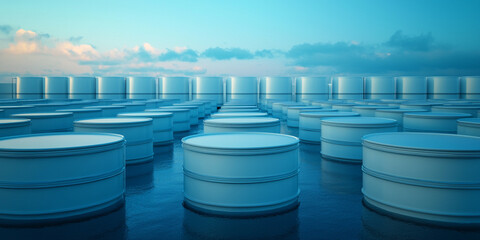A serene landscape of stacked cylindrical containers under a calm blue sky, illustrating a modern industrial setting.