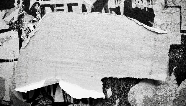 torn white paper on urban grunge wall with abstract black graffiti, blank ripped poster template, textured street art frame

