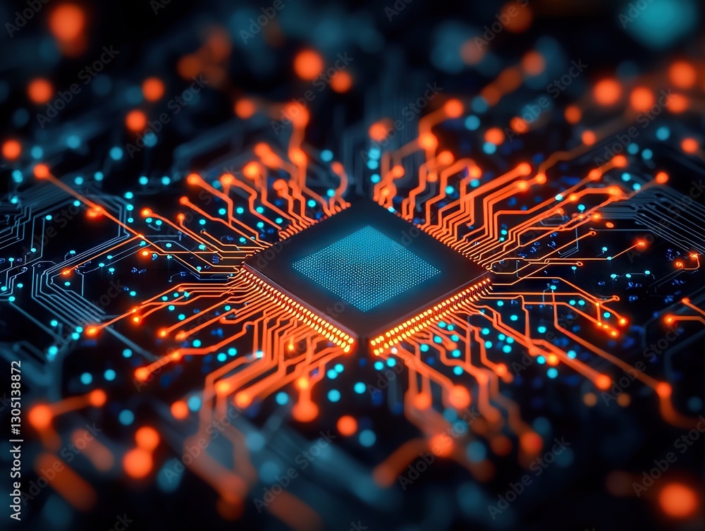 Poster exploring circuit board technology laboratory digital art futuristic environment close-up view innov
