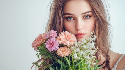 Naklejka premium Beautiful young woman with bouquet of flowers generative ai