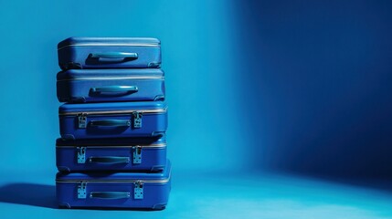 Obraz premium Stacked Blue Suitcases on Blue Background
