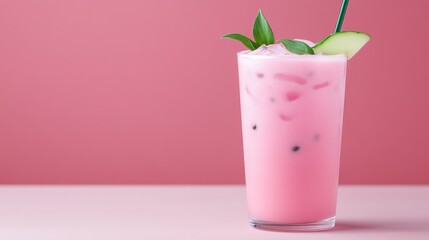 Refreshing pink beverage with ice, cucumber, and mint garnish in a clear glass against a pink background.