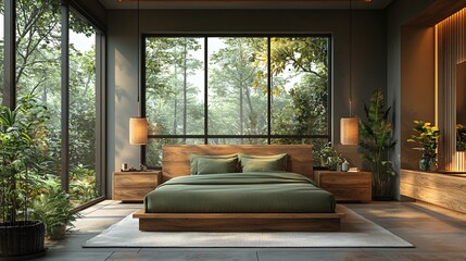 Fototapeta premium Modern bedroom interior with green bedding and large windows overlooking a serene natural landscape