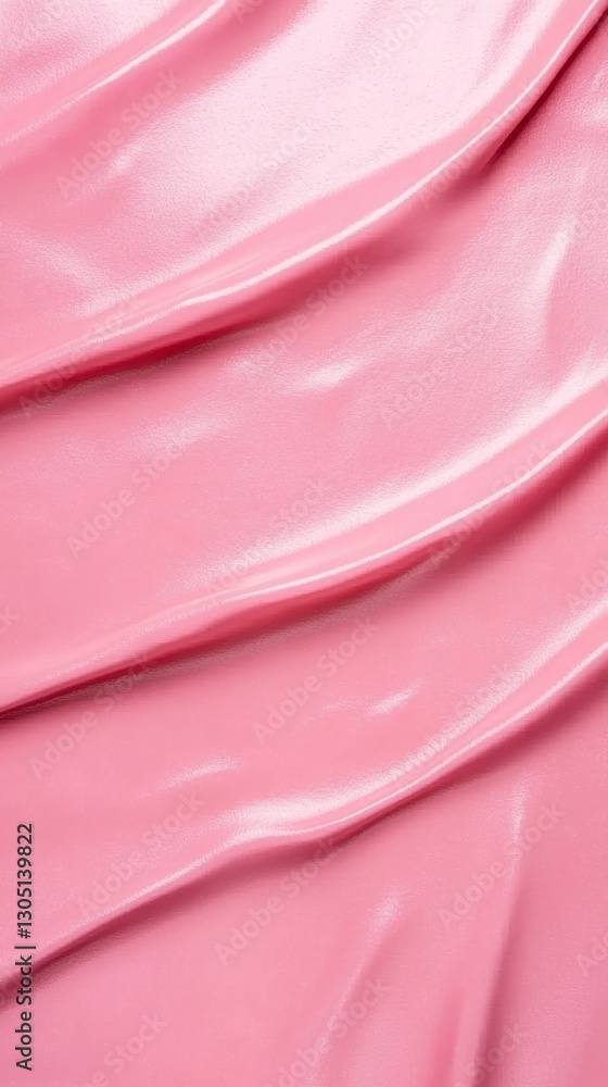 Poster close up view of a pink, glossy substance with subtle sparkling particles, exhibiting a smooth, flow