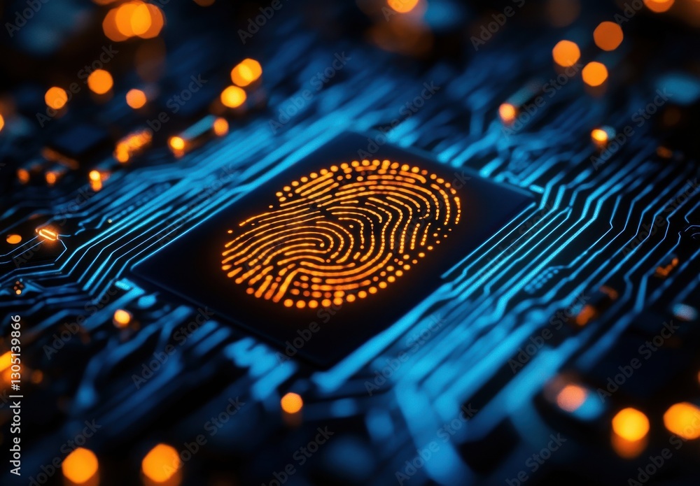 Poster artistic representation of a fingerprint overlaying a digital circuit board with glowing lights, sym