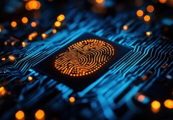 Artistic representation of a fingerprint overlaying a digital circuit board with glowing lights, symbolizing technology, security, and identity verification