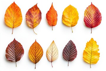 Fototapeta premium Vibrant Autumn Leaves Collection Ten Colorful Fall Foliage Samples Isolated on White