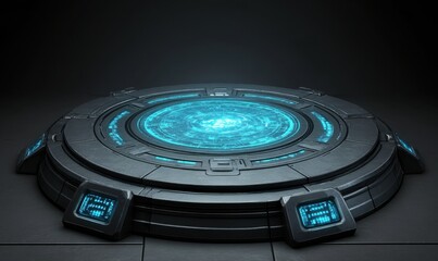 Fototapeta premium Futuristic podium with glowing portal on dark background for product display