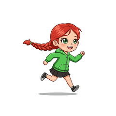 Cartoon Girl Running with Braids Wearing Green Hoodie and Skirt