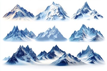 Obraz premium Stunning Collection of Nine Snow Capped Mountain Peaks Isolated on White Background Perfect for
