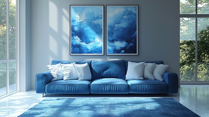 Modern living room with blue sofa and abstract wall art creating a serene and stylish atmosphere