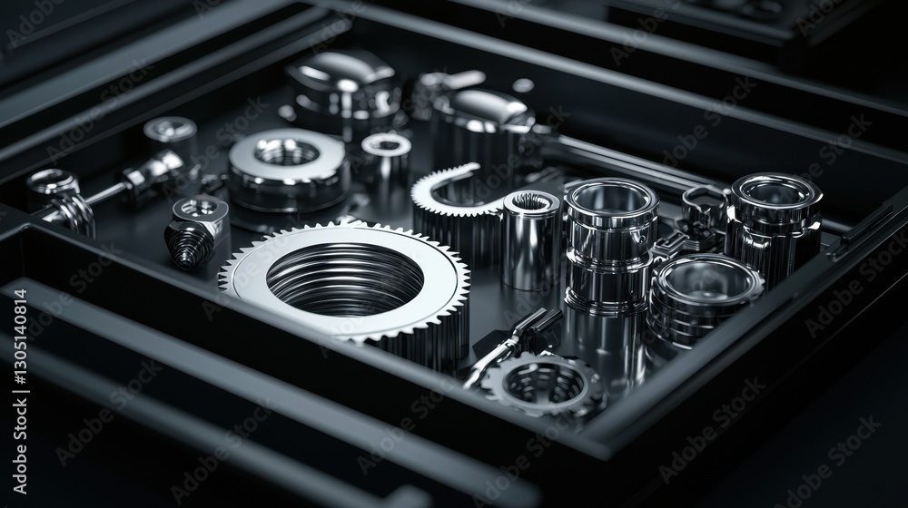 Poster high-resolution close-up of chrome-finished mechanic tools in a sturdy toolbox.