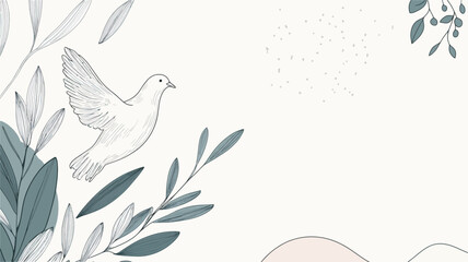 A digital illustration featuring a stylized white dove in flight amidst grey-blue and grey botanical elements. The style is minimalist and elegant, with delicate linework and subtle color