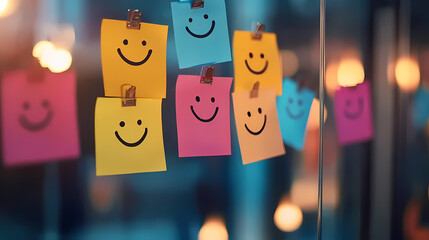 Colorful Sticky Notes with Smiley Faces Clipped to Glass Window