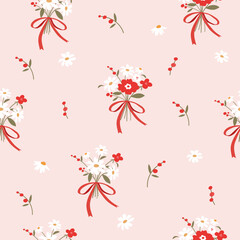 red  white  flower bouquets with bows  seamless pattern , vector , illustration  - obrazy, fototapety, plakaty